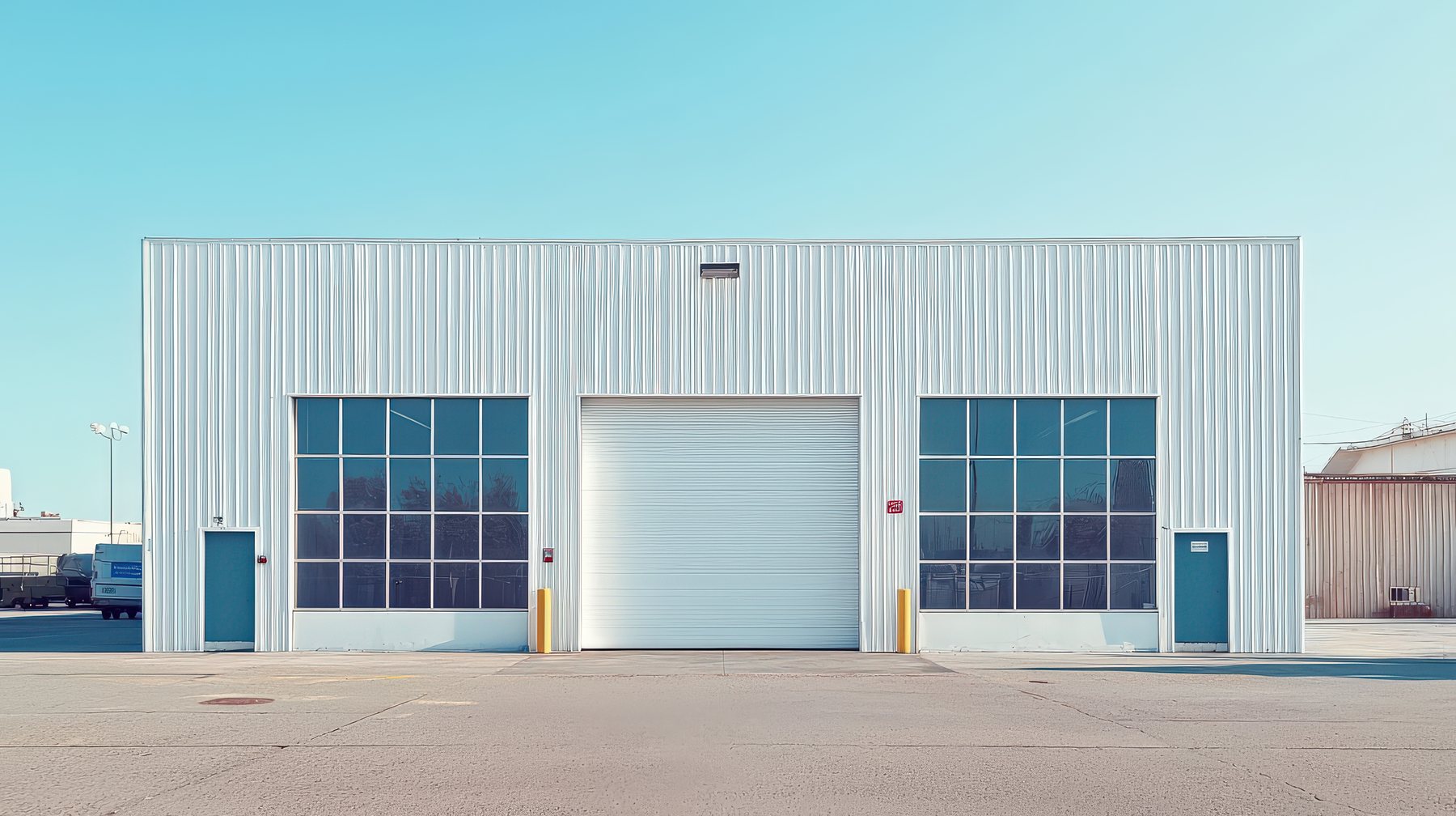 Exterior of a small bay industrial building with glass overhead doors on Long Island